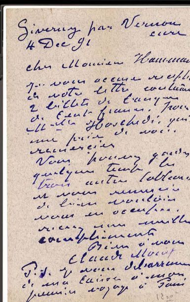 null Claude MONET

Lettre autographe signée.

Giverny, 4 décembre 1891. 24 lignes,...