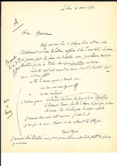 null Marcel AYMÉ

Lettre autographe signée [à Bernard Grasset ou Louis Brun ?]

4...
