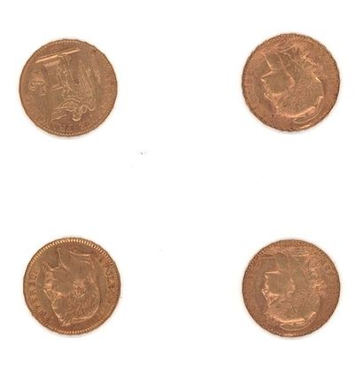 null Quatre pièces de 20 FF or, 1866, 1887, 1905, 1907 (frottées, usées)
Poids total:...