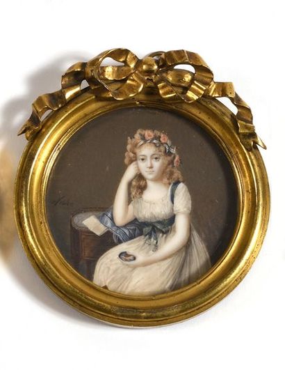 null ECOLE FRANÇAISE du XIXe siècle

"Portrait de jeune fille pensive à la robe de...