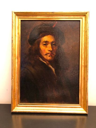 null D'après REMBRANDT (1606-1669)

"Portrait d'homme" 

Huile sur panneau

A vue:...