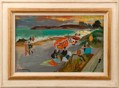 null André PLANSON (1898-1981) 

"Sur la plage - 1958" 

Huile sur panneau, signée...