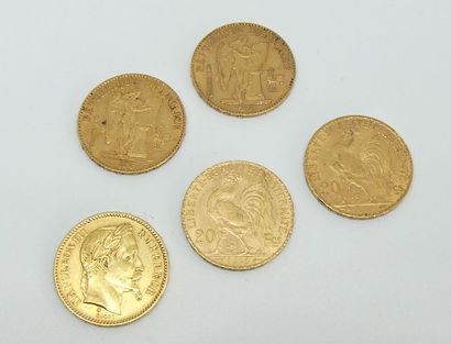 null 5 PIECES de 20 francs or, Napoléon III (1), Génie Ailé (2), Marianne (2)
