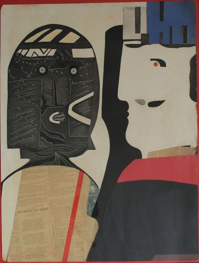 null Max PAPART (1911-1994) Composition aux deux visages. Lithographie et collage,...