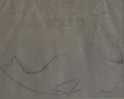 null Léopold SURVAGE (1879-1968) Poissons et bateaux, dessin au crayon sur papier,...