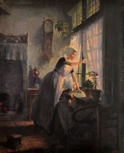 null Max SILBERT (1871-1930) Femme et fillette guettant à la fenêtre. Huile sur toile...