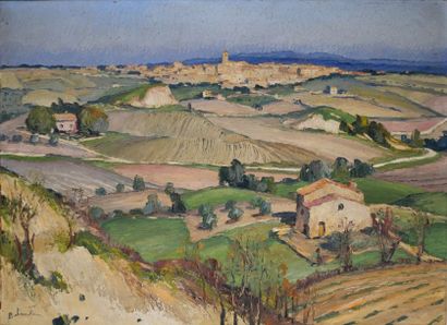 null Gaston BALANDE (1880-1971) Panorama de Riez, Alpes-maritimes. Huile sur toile...