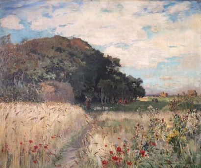 null Alexandre NOZAL (1852-1929) Promenade dans un champ de coquelicots. Huile sur...