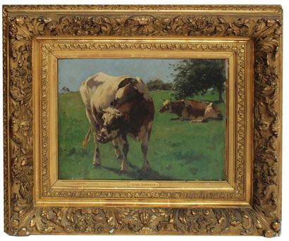 null Rosa BONHEUR (1822-1899) (Attribué à) Deux vaches au pré. Huile sur carton....