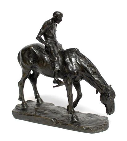 null Hans MULLER (1873-1937) Cavalier sur son cheval s'abreuvant. Epreuve en bronze...