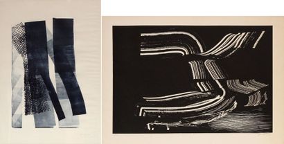 null Hans HARTUNG (1904-1989) Composition bleue et composition sur fond noir. Trois...