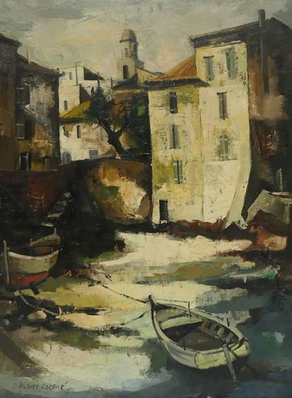 null Jacques CORDIER (1937-1975). Barques amarrées en Méditerranée. Huile sur toile...