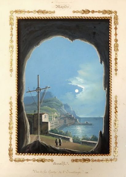 null ECOLE NAPOLITAINE milieu XIXe siècle. Vue de la grotte de l'hermitage à Amalfi....