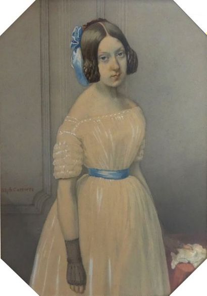 null Alphonse CARRIERE (1808-1881). Jeune fille au ruban bleu. Dessin aquarellé et...