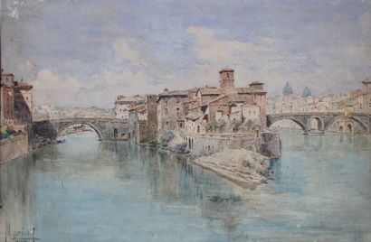 null Leopoldo MARIOTTI (1848-1916) Vue de l’île Tibérine à Rome. Aquarelle signée...