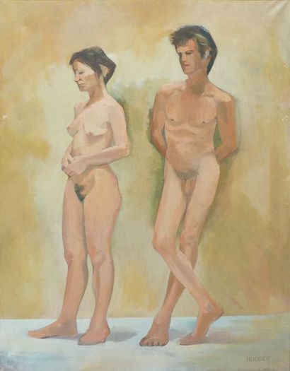 null René HUEBER, couple nu, huile sur toile signée en bas à droite. 145 x 114 cm....