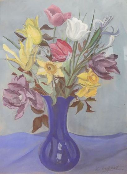 null M.BREYNAT, Tulipes et jonquilles dans un vase bleu, gouache signée en bas à...