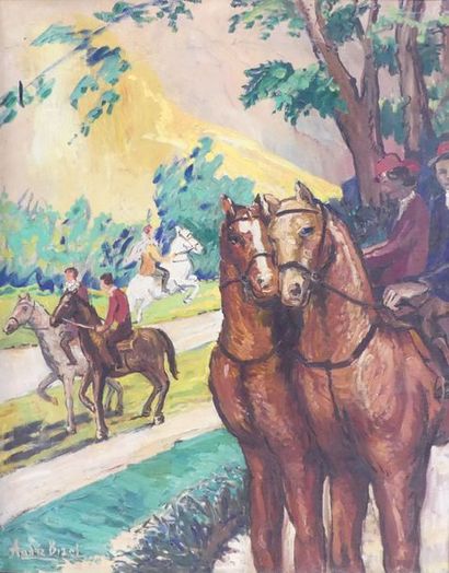 null André BIZET (1922-2015), Promenade à cheval, 81 x 65 cm.