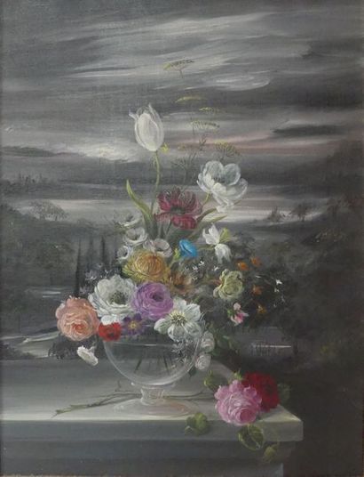 null Georges CARAMADRE. Composition florale sur un entablement. huile sur toile signée...