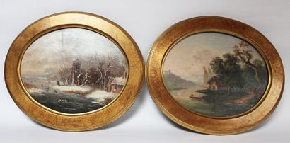 null Ecole française XIXe. Paysage de neige et paysage de lac. Deux huiles sur toile....