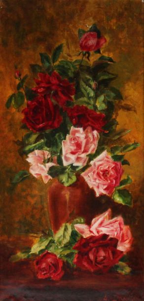 null A. DUPUIS, XXe. Vase de roses. Huile sur toile signée en bas à droite. 73 x...