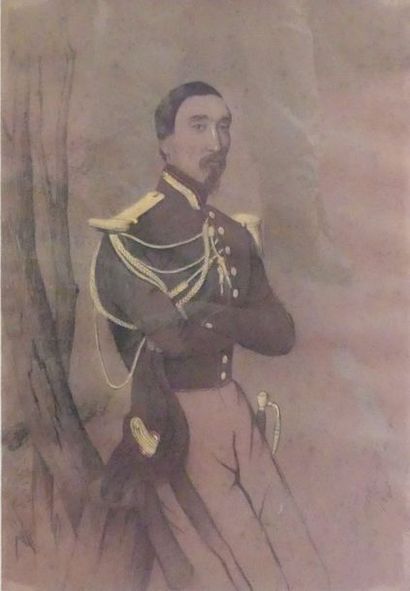 null Ecole française XIXe. Portrait de militaire. Fusain et craie blanche. 43 x 31...