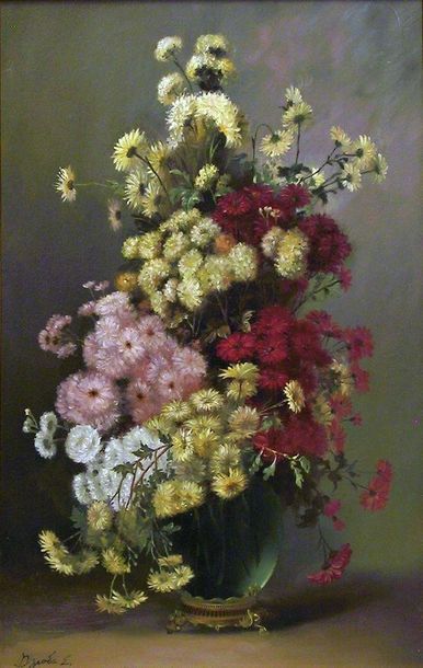 null Elena DZUBA. Fleurs dans un vase transparent . Huile sur toile. 44 x 28 cm