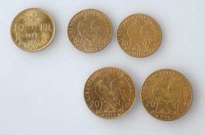 null LOT de CINQ PIECES en or jaune: DEUX PIECES de 20 francs or et TROIS PIECES...