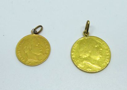 null DEUX PIECES en or jaune: 20 francs Louis XVIII et 10 francs or (bélières soudées,...