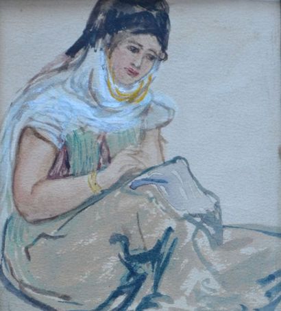 null Alfred DEHODENCQ (1822-1882) Femme du Maroc. Aquarelle et gouache. 9 x 7,5 ...