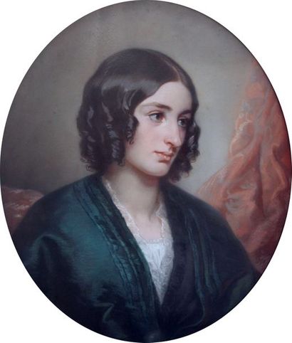 null Félix Louis LEULLIER (1811-1882) Portrait de jeune femme à la robe bleue. Pastel...
