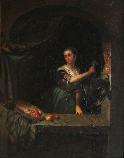 null Ecole du XIXe siècle dans le goût de Gérard DOU. Femme à la volaille et au panier...