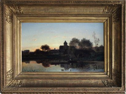 null A. BAUDIN, XIXe. Lac au crépuscule, 1869. Huile sur toile signée en bas à droite....