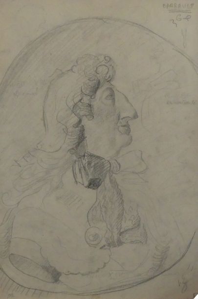null BARRAULT, XXe. Caricatures et portrait de Louis XIV, dessin double face signé,...