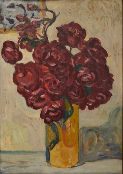 null Louis VALTAT (1869-1952) Vase de fleurs rouges sur fond jaune. Huile sur carton,...