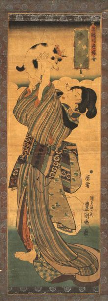 null Toyokuni I UTAGAWA (1769-1825) Geisha. Estampe en couleurs, Hashira-e. (Petites...