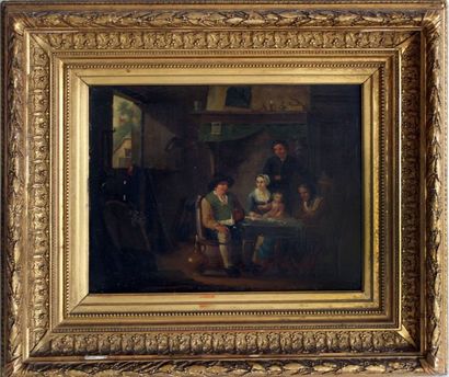 null Ecole hollandaise du XVIIIe. Scène de taverne. Huile sur panneau. 34,5 x 26,5...