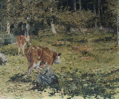 null Charles ANGRAND (1854-1926) Paysanne trayant une vache, 1883. Huile sur toile...