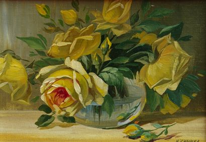 ZIMINA Irina "Roses jaunes"Huile sur toile marouflée sur carton, signée 13 x18...
