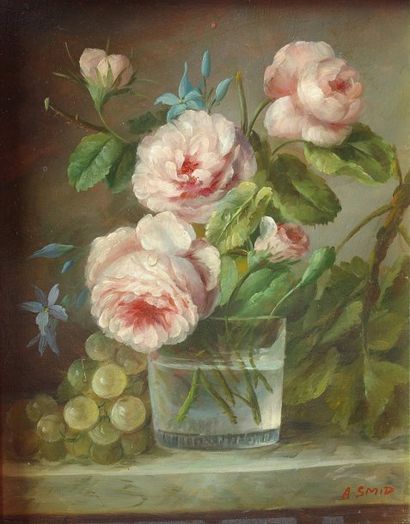 SMID. A "Roses dans un verre d'eau"Huile sur panneau, signée 25 x 20 cm
