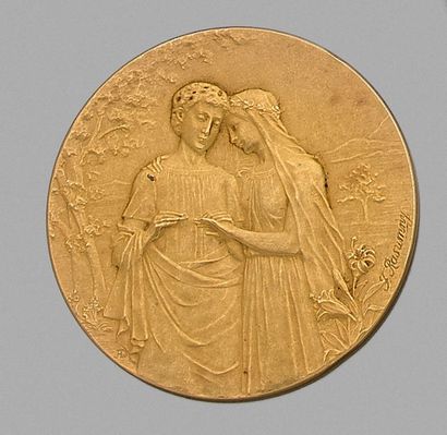 null *MEDAILLE de fiançailles en or jaune, datée 30 octobre 1906. Poids 24 g