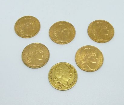 null *SIX PIECES de 20 francs or 1907, 1908 (3),1914, 1819