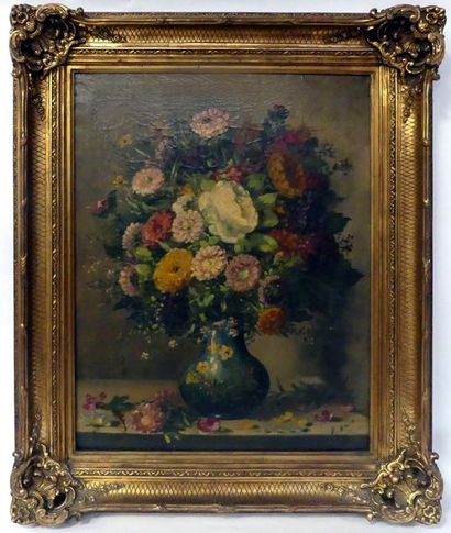 null *Frédéric KOCH (1863-1923). Bouquet champêtre au vase bleu. Huile sur toile...