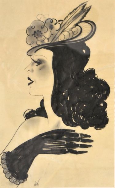 null Lucine VIROT (1909-2003). Buste de femme aux gant noir. Encre de Chine sur papier...