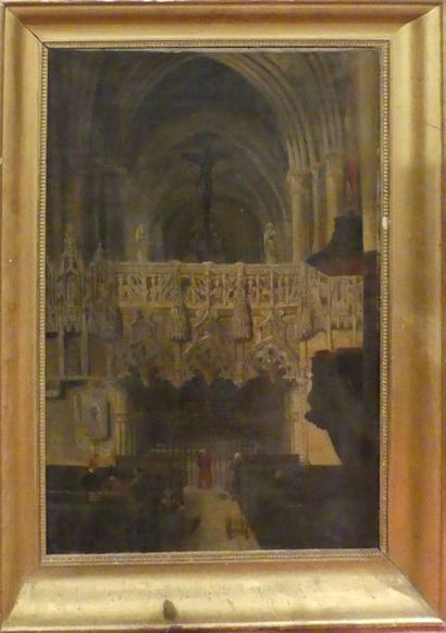 null Ecole française XIXe, Le jubée de l'eglise Ste Madeleine de Troyes, huile sur...