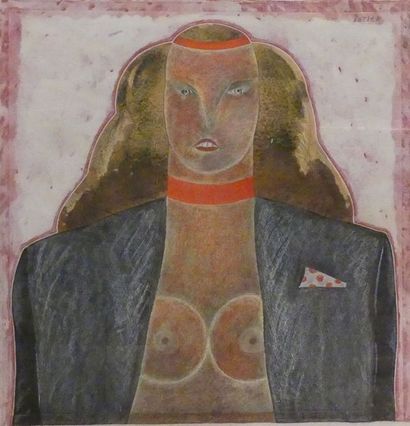 null POTTIER, Femme au bandeau, gouache sur papier. 50 x 50