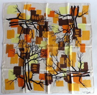 null Jeanne LANVIN - Castillo. Foulard en soie à décor d'arbres sur fond jaune orange...