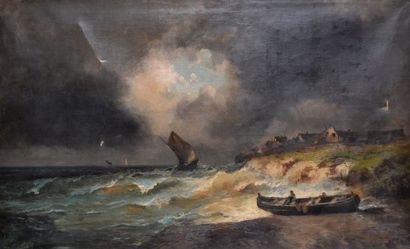 null Alfred GODCHAUX (1835-1895) Voiliers en mer agitée et barque. Huile sur toile...