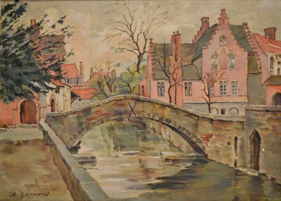 null Antoine GAYMARD (XIX-XX) Canal en ville aux Pays-bas. Huile sur toile signée...