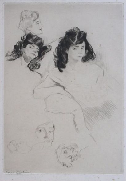 null Edgar CHAHINE (1874-1947) Etudes pour un portrait de femme, 1913. Pointe-sèche...